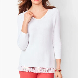 Talbots White Fringe Hem V-neck Heavyweight Knit Sweater Small Women’s